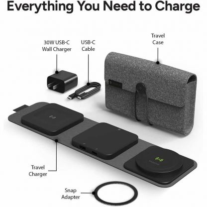 Mophie Snap Plus 3-in-1 Travel Charger - сгъваема поставка (пад) за безжично зареждане за iPhone с MagSafe, Qi съвместими устройства и USB-C и USB-A портове (черен) 5