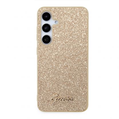 Guess Glitter Flakes Metal Logo Case - хибриден удароустойчив кейс за Samsung Galaxy S24 Plus (златист) 3