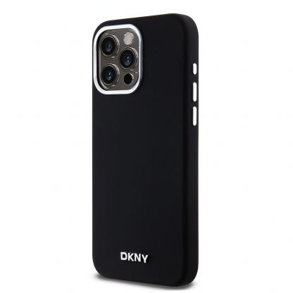 DKNY Liquid Silicone Silver Metal Logo MagSafe Case - дизайнерски силиконов кейс с MagSafe за iPhone 15 Pro Max (черен) 3