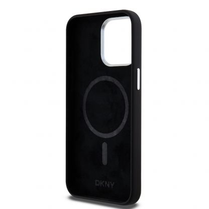 DKNY Liquid Silicone Silver Metal Logo MagSafe Case - дизайнерски силиконов кейс с MagSafe за iPhone 15 Pro Max (черен) 5