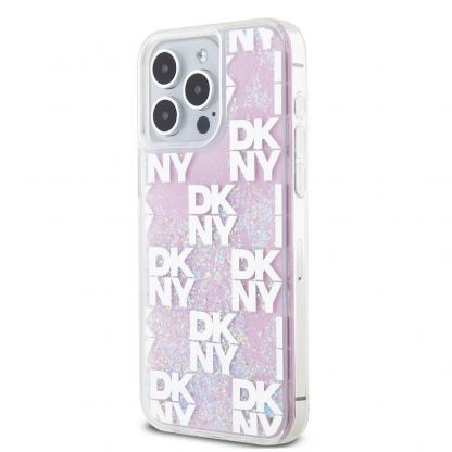 DKNY Liquid Glitter Checkered Pattern Case - дизайнерски кейс с висока защита за iPhone 15 Pro Max (розов) 3