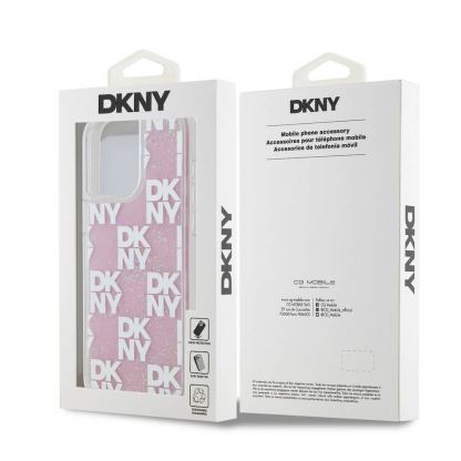 DKNY Liquid Glitter Checkered Pattern Case - дизайнерски кейс с висока защита за iPhone 15 Pro Max (розов) 6