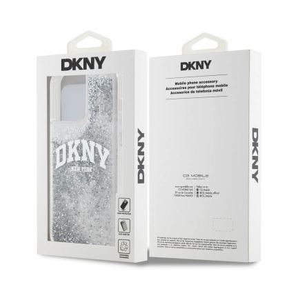 DKNY Liquid Glitter Arch Logo Case - дизайнерски кейс с висока защита за iPhone 15 Pro Max (прозрачен) 6
