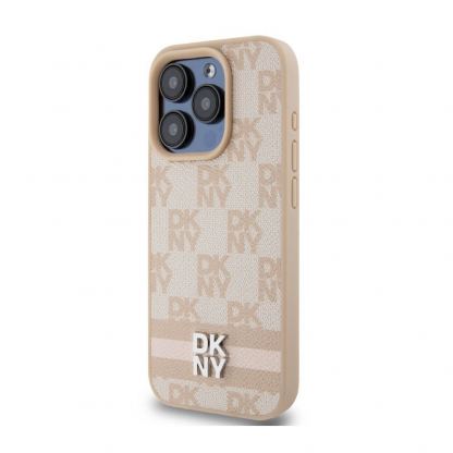DKNY Checkered Pattern and Stripe Leather Hard Case - дизайнерски кожен кейс за iPhone 15 Pro (розов) 3