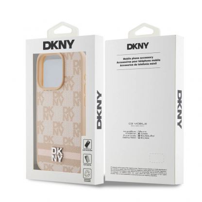 DKNY Checkered Pattern and Stripe Leather Hard Case - дизайнерски кожен кейс за iPhone 15 Pro (розов) 6