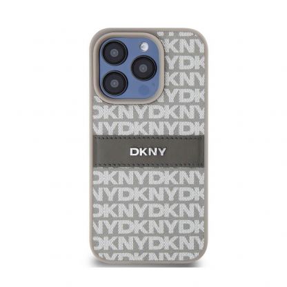 DKNY Repeat Pattern Tonal Stripe Leather Hard Case - дизайнерски кожен кейс за iPhone 15 Pro (бежов) 2