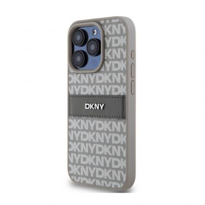 DKNY Repeat Pattern Tonal Stripe Leather Hard Case - дизайнерски кожен кейс за iPhone 15 Pro (бежов) 3
