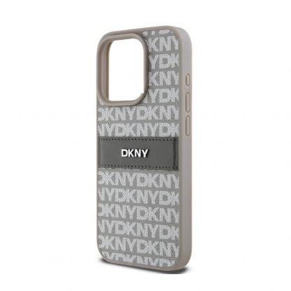 DKNY Repeat Pattern Tonal Stripe Leather Hard Case - дизайнерски кожен кейс за iPhone 15 Pro (бежов) 4