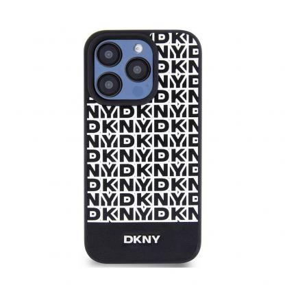 DKNY Repeat Pattern Bottom Stripe MagSafe Leather Hard Case - дизайнерски кожен кейс с MagSafe за iPhone 15 Pro (черен) 2