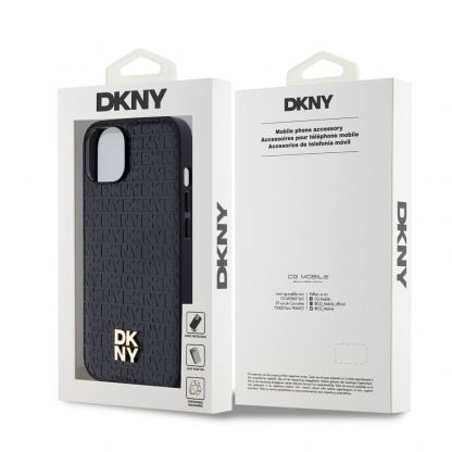 DKNY Repeat Pattern Stack Logo MagSafe Leather Hard Case - дизайнерски кожен кейс с MagSafe за iPhone 15 (черен) 6