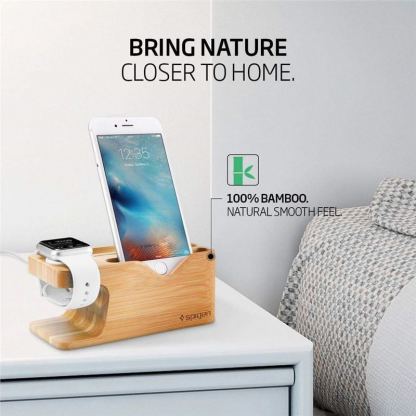 Spigen Stand S370 - бамбукова поставка за бюро за iPhone и Apple Watch (бамбук) 7