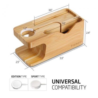 Spigen Stand S370 - бамбукова поставка за бюро за iPhone и Apple Watch (бамбук) 12