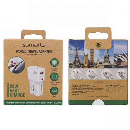 4smarts Nomad Pocket World Travel Adapter 20W - захранване с USB-C и USB-A изходи и преходници за цял свят в едно устройство за мобилни устройства (бял) 13
