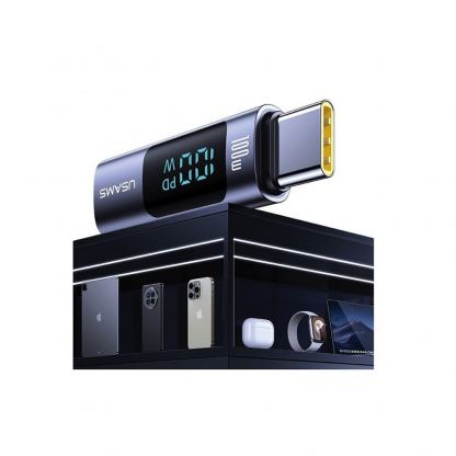 Usams Digital Display USB-C to USB-C Adapter 100W - адаптер от USB-C женско към USB-C мъжко с дисплей за мобилни устройства с USB-C порт (тъмносив)  6