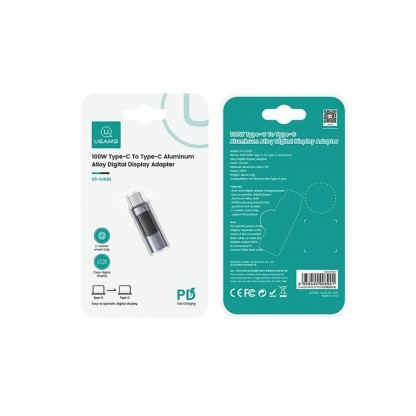 Usams Digital Display USB-C to USB-C Adapter 100W - адаптер от USB-C женско към USB-C мъжко с дисплей за мобилни устройства с USB-C порт (тъмносив)  8