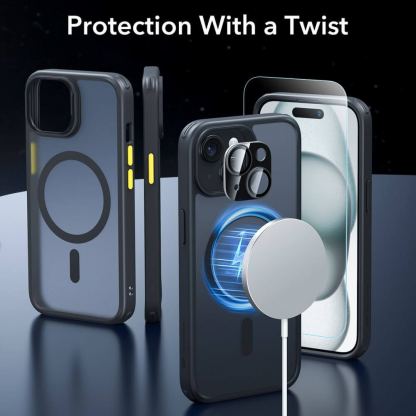 ESR Halolock Classic Pro MagSafe Hybrid Protection Set - хибриден удароустойчив кейс с MagSafe и стъклено защитно покритие за дисплея на iPhone 15 (черен-прозрачен) 6