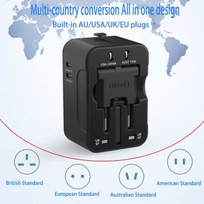 Techsuit Travel Adapter (HHT202-2C) 15W - захранване с 2xUSB-C и USB-A изходи и преходници за цял свят в едно устройство за мобилни устройства (черен) 2