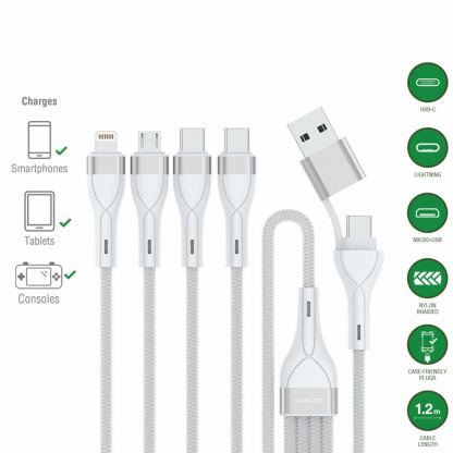4smarts 4-in-2 Multi-Charging USB Cable - универсален USB-C кабел с Lightning, microUSB и USB-C конектори (120 см) (бял) 2