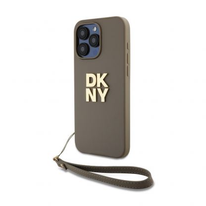 DKNY Stack Logo Wrist Strap Leather Hard Case - дизайнерски кожен кейс с връзка за носене за iPhone 15 Pro (бежов) 2