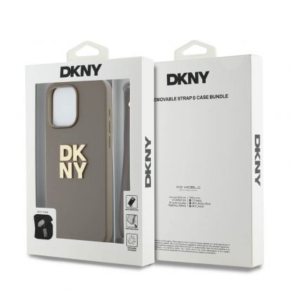 DKNY Stack Logo Wrist Strap Leather Hard Case - дизайнерски кожен кейс с връзка за носене за iPhone 15 Pro (бежов) 5