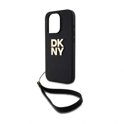DKNY Stack Logo Wrist Strap Leather Hard Case - дизайнерски кожен кейс с връзка за носене за iPhone 15 Pro (черен) 3