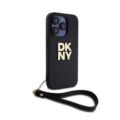 DKNY Stack Logo Wrist Strap Leather Hard Case - дизайнерски кожен кейс с връзка за носене за iPhone 15 Pro (черен) 4