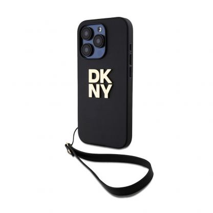 DKNY Stack Logo Wrist Strap Leather Hard Case - дизайнерски кожен кейс с връзка за носене за iPhone 15 Pro (черен) 5