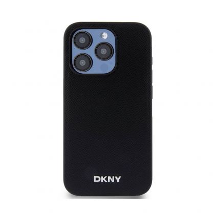 DKNY Silver Metal Logo MagSafe Leather Hard Case - дизайнерски кожен кейс с MagSafe за iPhone 15 Pro (черен) 2