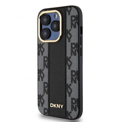 DKNY Checkered Pattern MagSafe Leather Hard Case - дизайнерски кожен кейс с MagSafe за iPhone 15 Pro Max (черен) 5