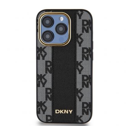 DKNY Checkered Pattern MagSafe Leather Hard Case - дизайнерски кожен кейс с MagSafe за iPhone 15 Pro Max (черен) 6