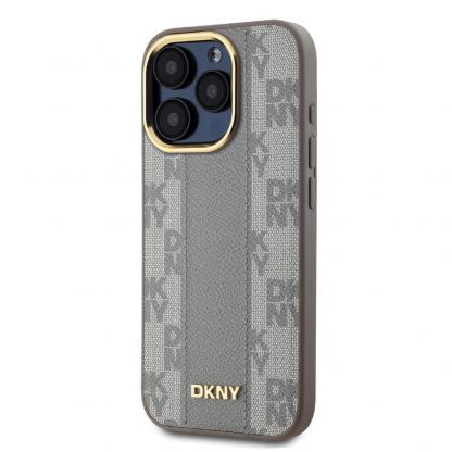 DKNY Checkered Pattern MagSafe Leather Hard Case - дизайнерски кожен кейс с MagSafe за iPhone 15 Pro Max (бежов) 3