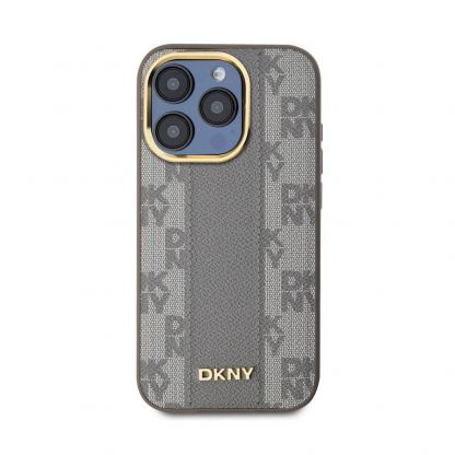DKNY Checkered Pattern Leather Hard Magsafe Case - дизайнерски кожен кейс с MagSafe за iPhone 15 Pro (бежов) 2