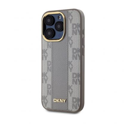 DKNY Checkered Pattern Leather Hard Magsafe Case - дизайнерски кожен кейс с MagSafe за iPhone 15 Pro (бежов) 3