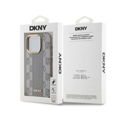 DKNY Checkered Pattern Leather Hard Magsafe Case - дизайнерски кожен кейс с MagSafe за iPhone 15 Pro (бежов) 6