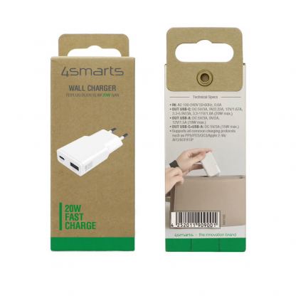 4smarts GaN Duos Slim Wall Charger 20W PD - захранване за ел. мрежа с USB-A и USB-C изходи и технология за бързо зареждане (бял) 9
