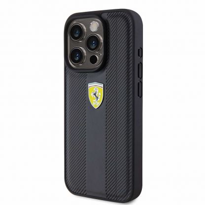 Ferrari PU Leather Hot Stamp Groove Pattern Case - дизайнерски кожен кейс за iPhone 15 Pro (черен) 2