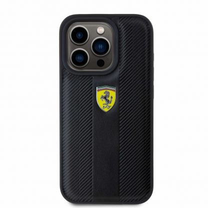 Ferrari PU Leather Hot Stamp Groove Pattern Case - дизайнерски кожен кейс за iPhone 15 Pro (черен) 3
