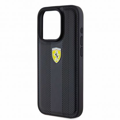 Ferrari PU Leather Hot Stamp Groove Pattern Case - дизайнерски кожен кейс за iPhone 15 Pro (черен) 5