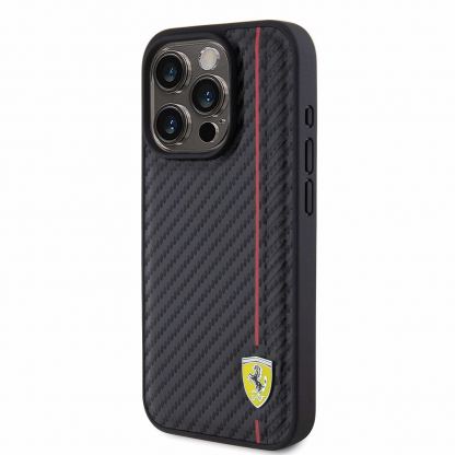 Ferrari PU Leather Carbon Vertical Red Line Case - дизайнерски кожен кейс за iPhone 15 Pro (черен) 2