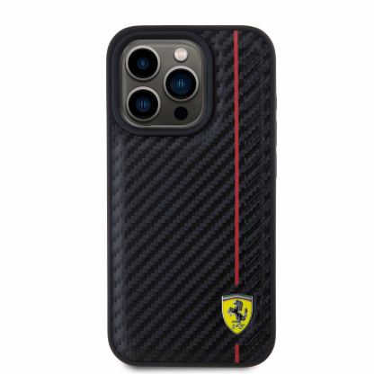 Ferrari PU Leather Carbon Vertical Red Line Case - дизайнерски кожен кейс за iPhone 15 Pro (черен) 3
