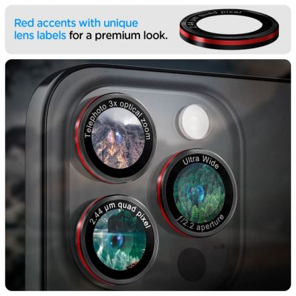 Spigen Glass tR EZ Fit Optik Pro Lens Protector 2 Pack - 2 комплекта предпазни стъклени лещи за камерата на iPhone 16 Pro, iPhone 16 Pro Max, iPhone 15 Pro, iPhone 15 Pro Max (черен-червен) 10
