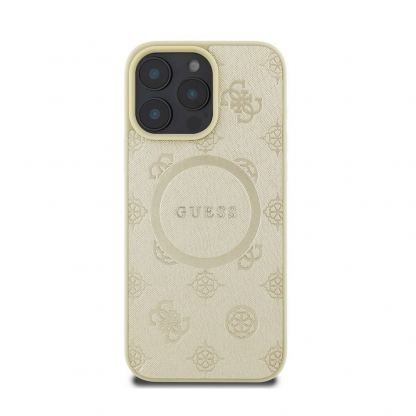 Guess PU Saffiano Peony Stamp MagSafe Leather Hard Case - дизайнерски кожен кейс с MagSafe за iPhone 16 Pro (златист) 2