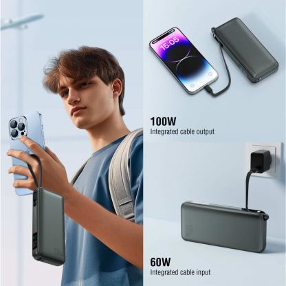 4smarts Power Bank Enterprise 20000 mAh 130W - външна батерия с USB-A и USB-C портове и вграден USB-C кабел (тъмносив) 5