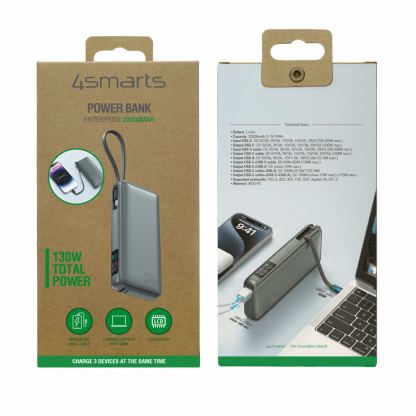 4smarts Power Bank Enterprise 20000 mAh 130W - външна батерия с USB-A и USB-C портове и вграден USB-C кабел (тъмносив) 10