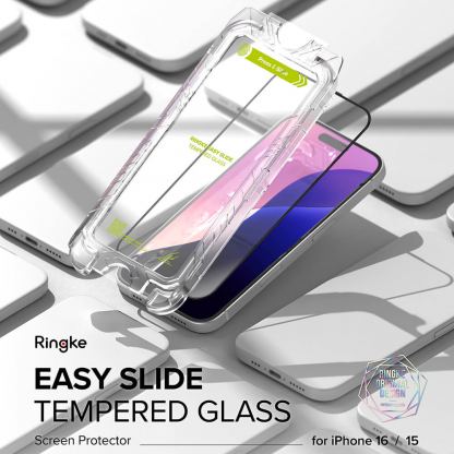 Ringke Easy Slide Tempered Glass 2 Pack - 2 броя калени стъклени защитни покрития за дисплея на iPhone 16, iPhone 15 (черен-прозрачен) 4
