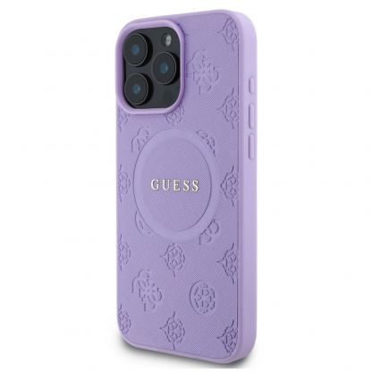 Guess PU Saffiano Peony Stamp MagSafe Leather Hard Case - дизайнерски кожен кейс с MagSafe за iPhone 16 Pro (лилав) 3