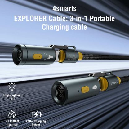 4smarts 3-in-1 USB-C Cable Set Explorer 240W - кабел с бързо зареждане за устройства с USB-C порт, LED светлина и запалка (150 см) (черен)  5