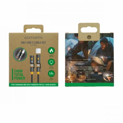 4smarts 3-in-1 USB-C Cable Set Explorer 240W - кабел с бързо зареждане за устройства с USB-C порт, LED светлина и запалка (150 см) (черен)  9