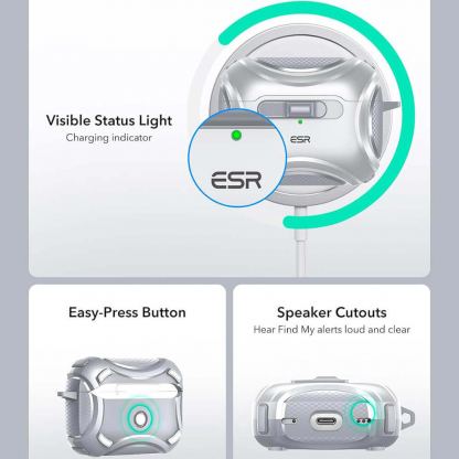 ESR AirPods Pro Cyber Lock Armor Halolock MagSafe Case - силиконов удароустойчив калъф с карабинер съвместим с MagSafe за Apple AirPods Pro 2, AirPods Pro (бял) 7