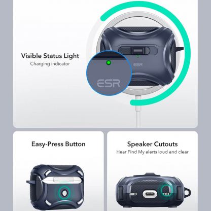 ESR AirPods Pro Cyber Lock Armor Halolock MagSafe Case - силиконов удароустойчив калъф с карабинер съвместим с MagSafe за Apple AirPods Pro 2, AirPods Pro (син) 7